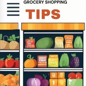 10 Tips for Grocery Shopping on a Budget eBook cover with colourful grocery items and money-saving icons